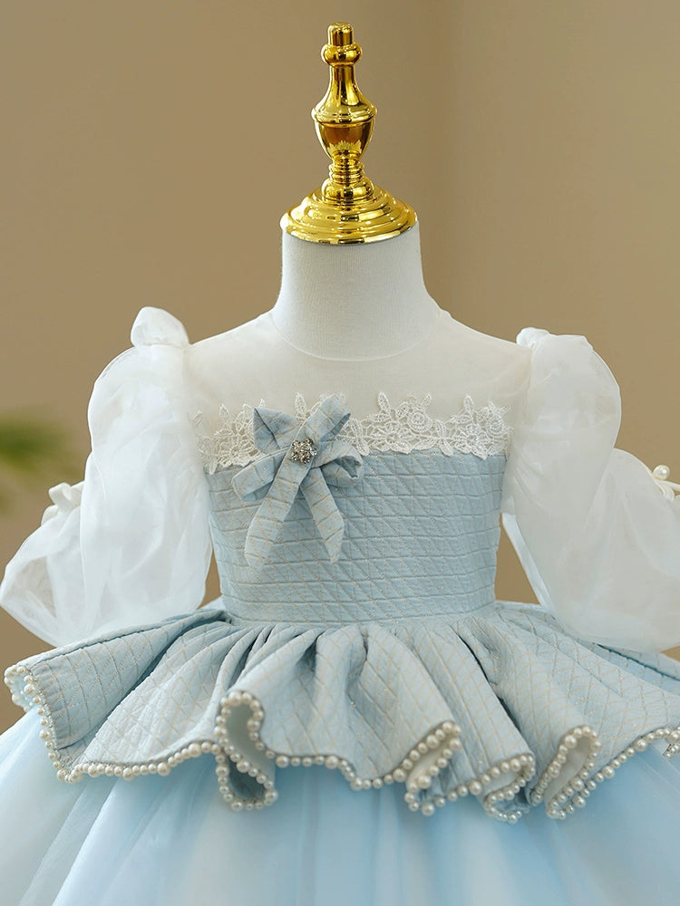 Princess Blue Tulle Back Zip Baptism Lace Tea Length Short Sleeve Puff Sleeve Round Flower Girl Dress