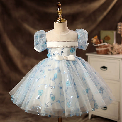 Princess Blue Tulle Back Zip Baptism Lace Tea Length Short Sleeve Puff Sleeve Round Flower Girl Dress