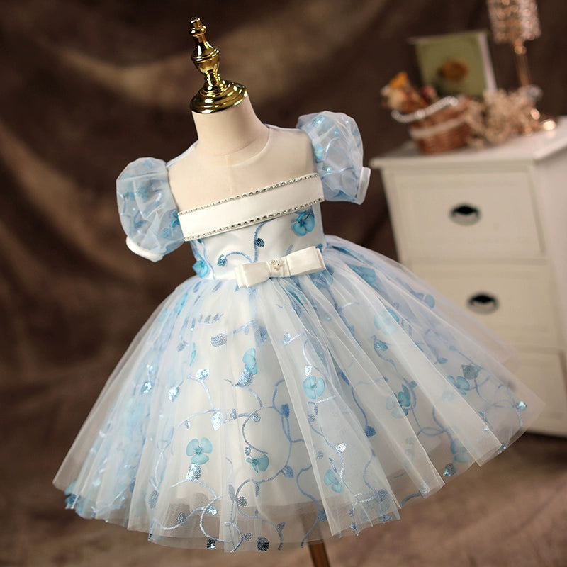 Princess Blue Tulle Back Zip Baptism Lace Tea Length Short Sleeve Puff Sleeve Round Flower Girl Dress
