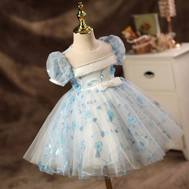 Princess Blue Tulle Back Zip Baptism Lace Tea Length Short Sleeve Puff Sleeve Round Flower Girl Dress