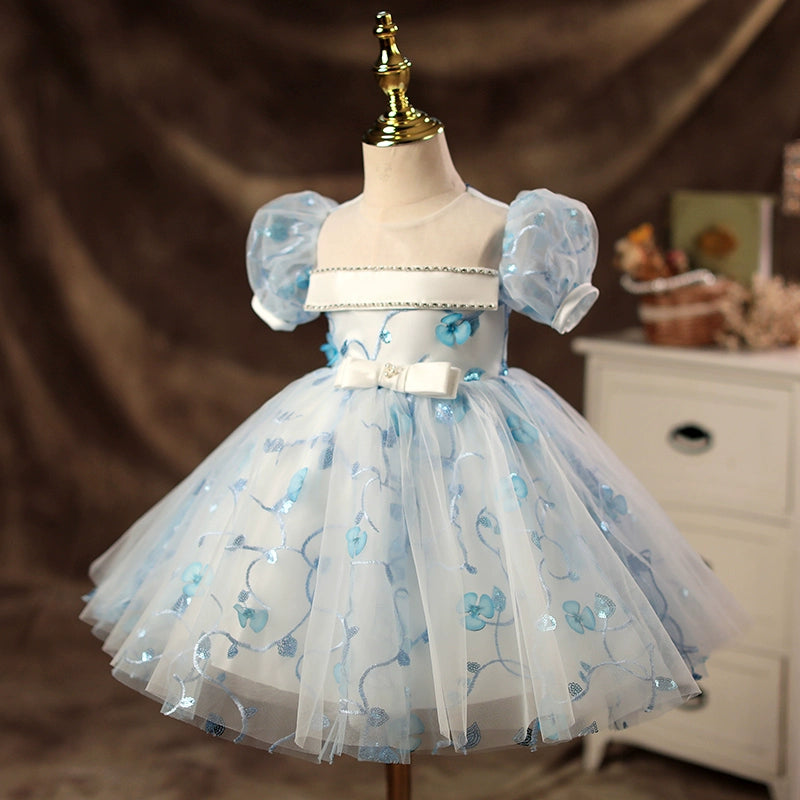 Princess Blue Tulle Back Zip Baptism Lace Tea Length Short Sleeve Puff Sleeve Round Flower Girl Dress