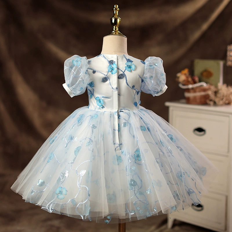 Princess Blue Tulle Back Zip Baptism Lace Tea Length Short Sleeve Puff Sleeve Round Flower Girl Dress