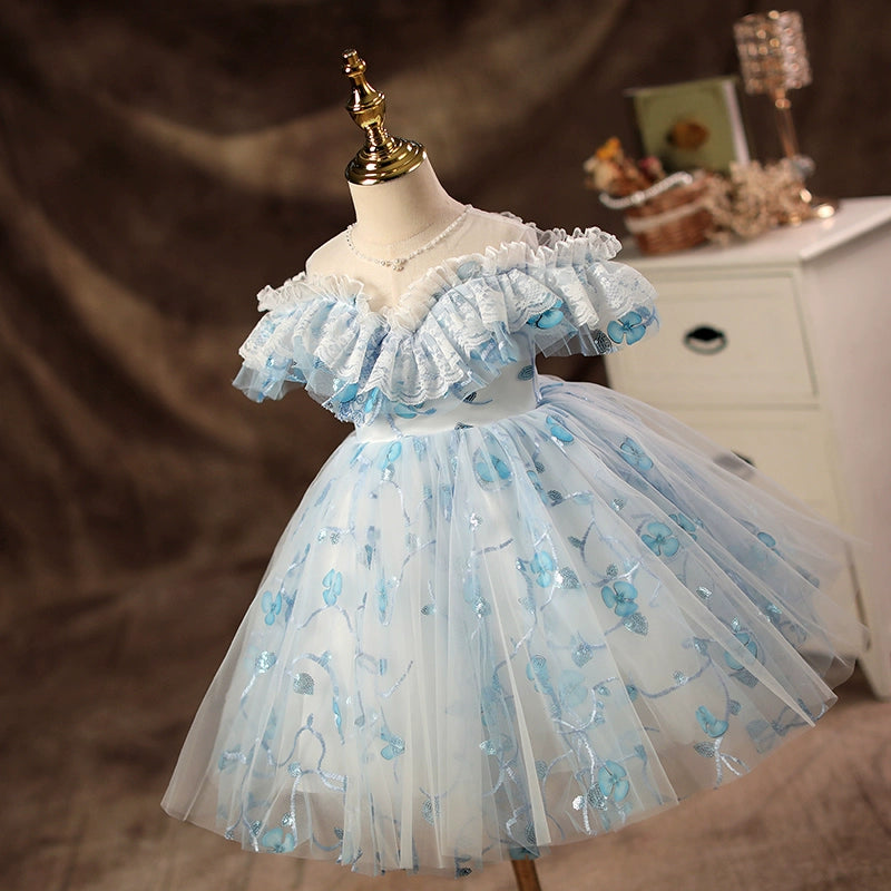 Princess Blue Tulle Back Zip Baptism Lace Tea Length Sleeveless Cold Shoulder Sleeve Sweetheart Flower Girl Dress