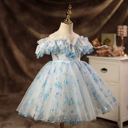 Princess Blue Tulle Back Zip Baptism Lace Tea Length Sleeveless Cold Shoulder Sleeve Sweetheart Flower Girl Dress