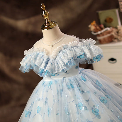 Princess Blue Tulle Back Zip Baptism Lace Tea Length Sleeveless Cold Shoulder Sleeve Sweetheart Flower Girl Dress