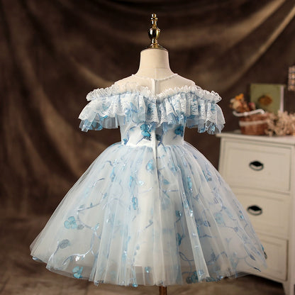 Princess Blue Tulle Back Zip Baptism Lace Tea Length Sleeveless Cold Shoulder Sleeve Sweetheart Flower Girl Dress