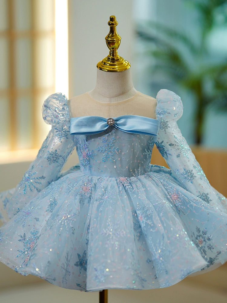 Princess Blue Tulle Back Zip Baptism Sequins Tea Length Long Sleeve Puff Sleeve Round Flower Girl Dress