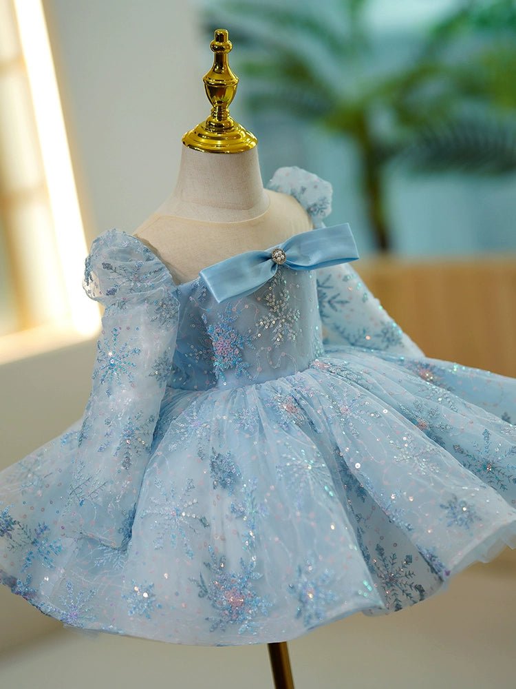 Princess Blue Tulle Back Zip Baptism Sequins Tea Length Long Sleeve Puff Sleeve Round Flower Girl Dress