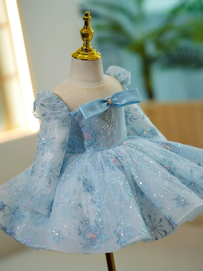 Princess Blue Tulle Back Zip Baptism Sequins Tea Length Long Sleeve Puff Sleeve Round Flower Girl Dress