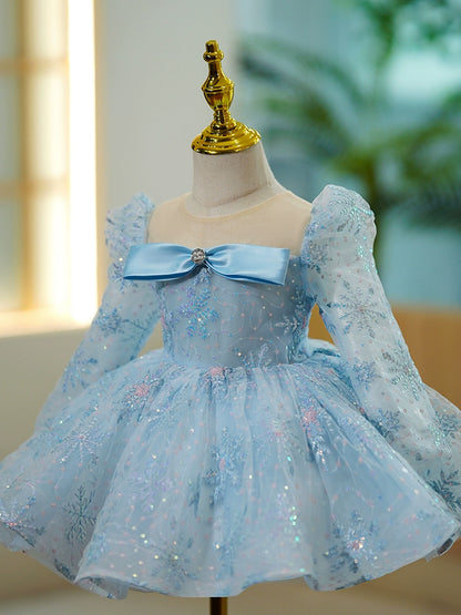 Princess Blue Tulle Back Zip Baptism Sequins Tea Length Long Sleeve Puff Sleeve Round Flower Girl Dress