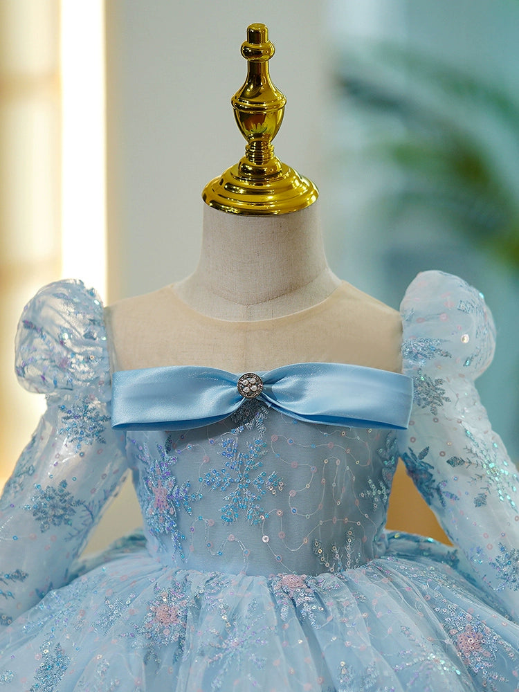 Princess Blue Tulle Back Zip Baptism Sequins Tea Length Long Sleeve Puff Sleeve Round Flower Girl Dress