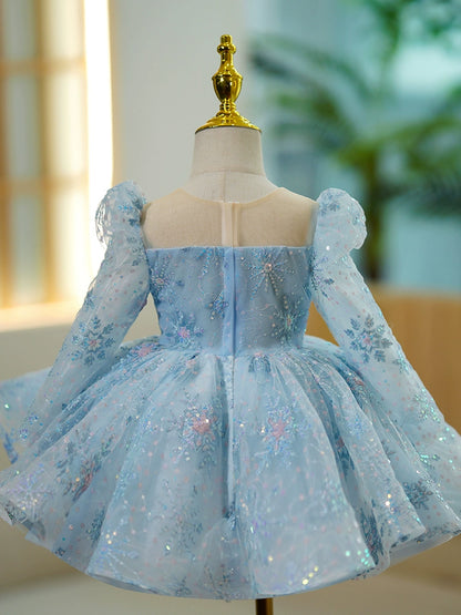 Princess Blue Tulle Back Zip Baptism Sequins Tea Length Long Sleeve Puff Sleeve Round Flower Girl Dress