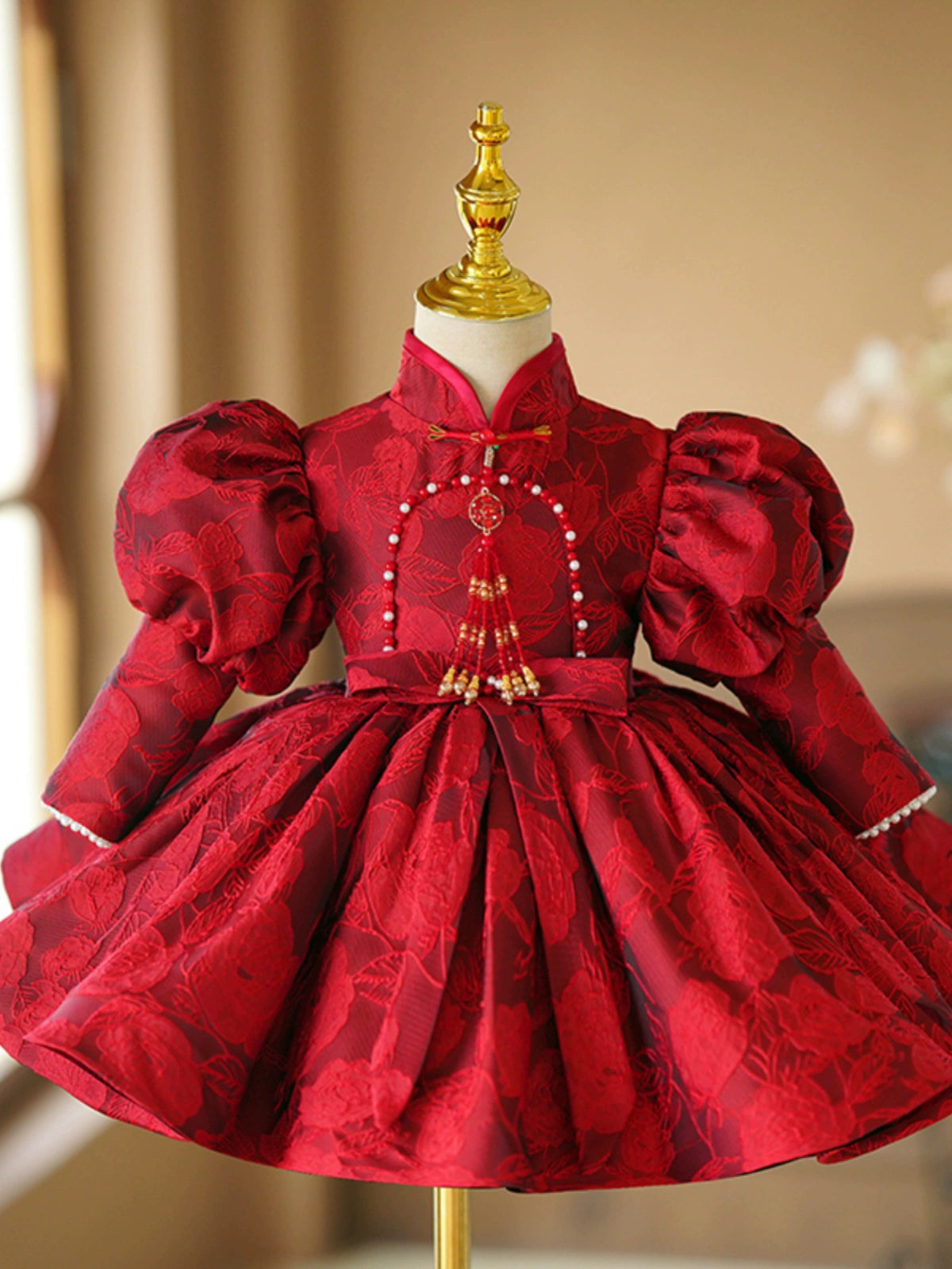 Princess Burgundy Satin Back Zip Baptism Bowknot Tea Length Long Sleeve Lantern Sleeve Mock Neck Flower Girl Dress