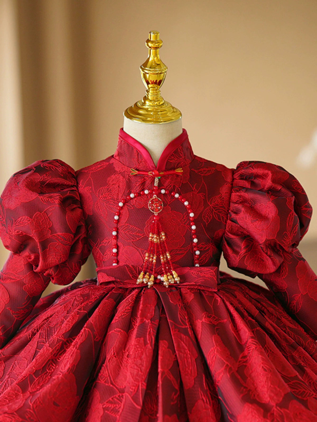Princess Burgundy Satin Back Zip Baptism Bowknot Tea Length Long Sleeve Lantern Sleeve Mock Neck Flower Girl Dress