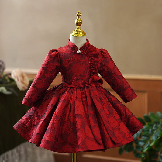 Princess Burgundy Satin Back Zip Baptism Bowknot Tea Length Long Sleeve Mock Neck Flower Girl Dress