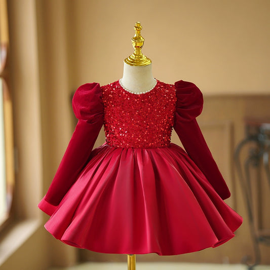 Princess Burgundy Satin Back Zip Baptism Sequins Tea Length Long Sleeve Puff Sleeve Round Flower Girl Dress