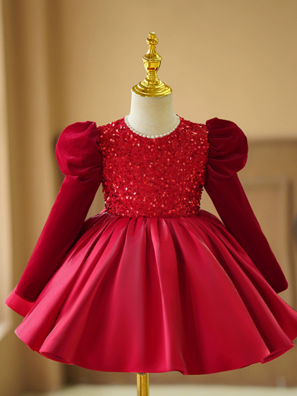 Princess Burgundy Satin Back Zip Baptism Sequins Tea Length Long Sleeve Puff Sleeve Round Flower Girl Dress