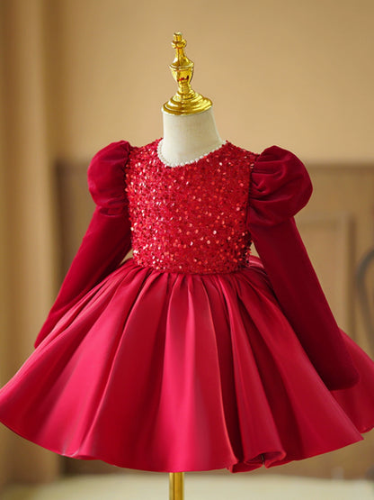 Princess Burgundy Satin Back Zip Baptism Sequins Tea Length Long Sleeve Puff Sleeve Round Flower Girl Dress