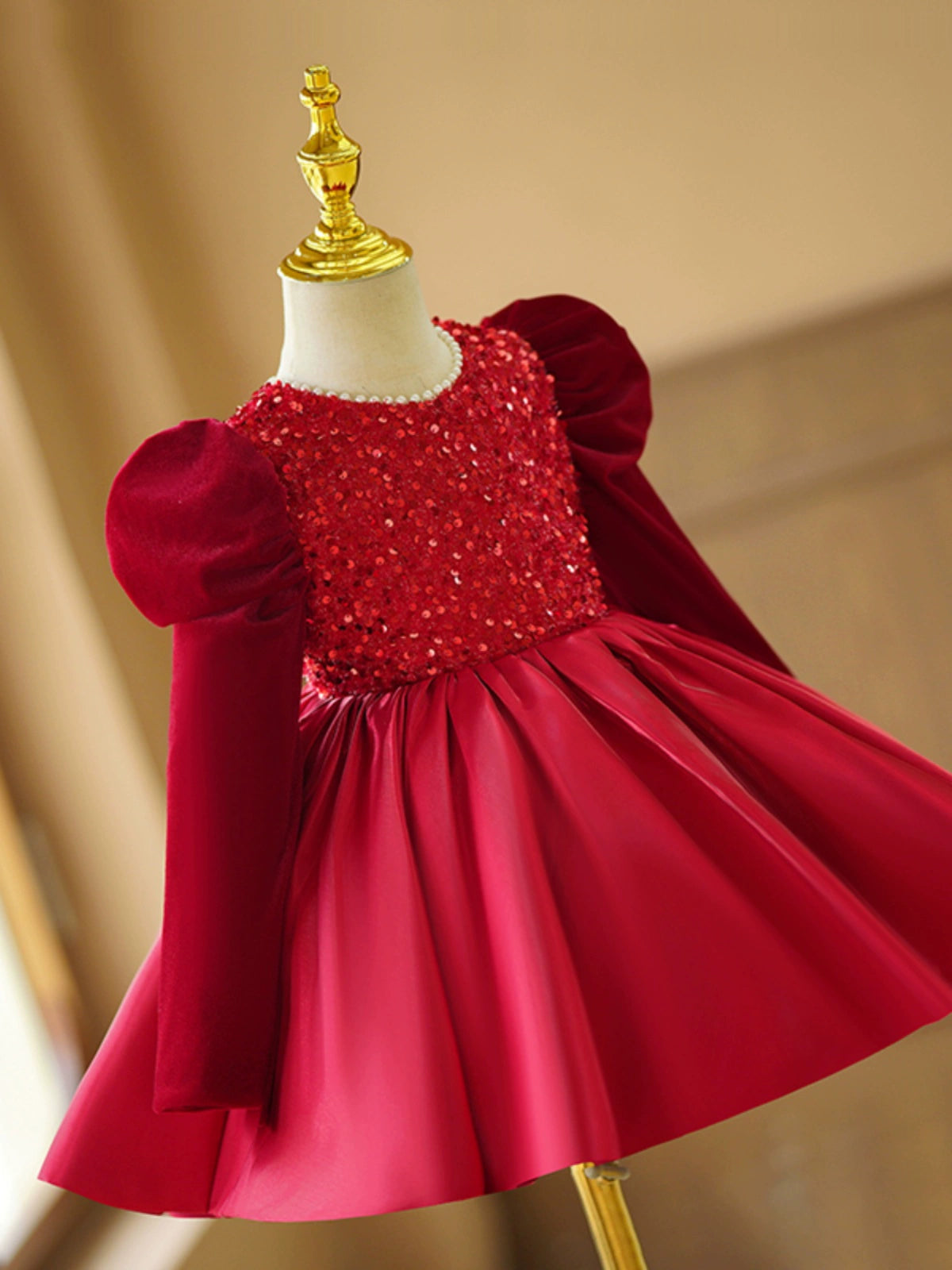 Princess Burgundy Satin Back Zip Baptism Sequins Tea Length Long Sleeve Puff Sleeve Round Flower Girl Dress