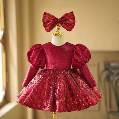 Princess Burgundy Sequined Back Zip Baptism Bow(s) Tea Length Long Sleeve Puff Sleeve Round Flower Girl Dress