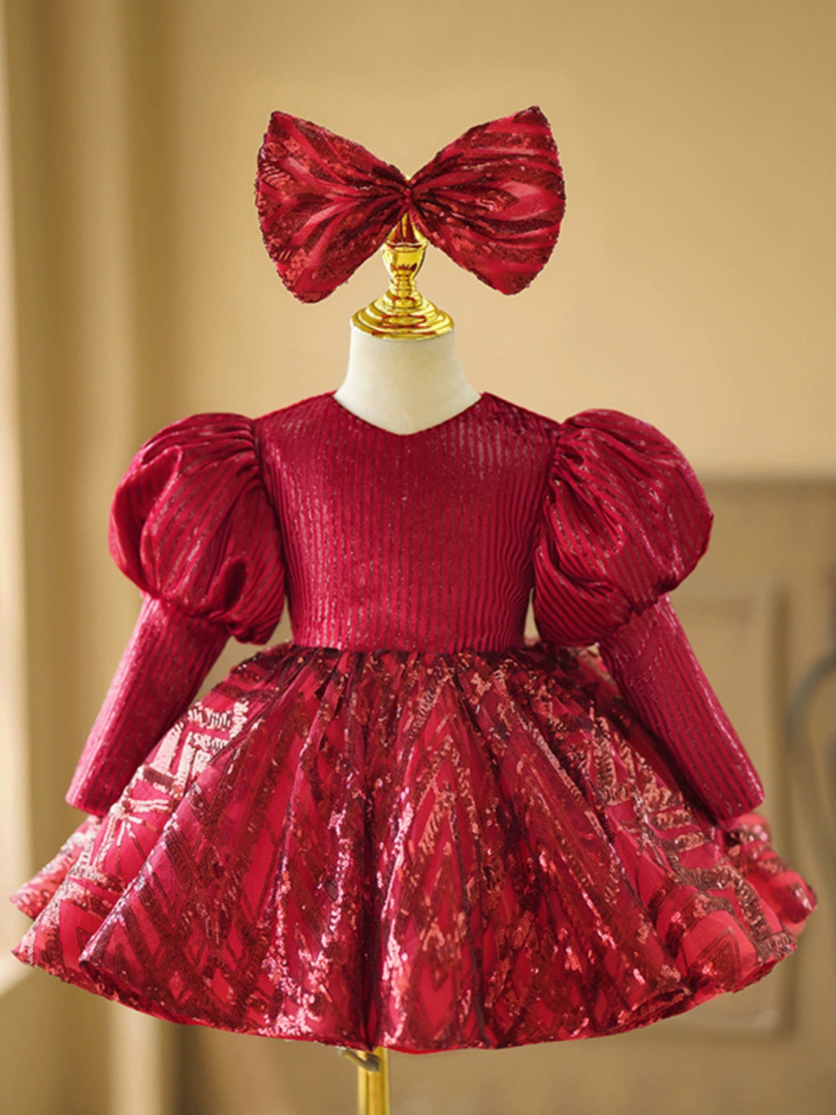 Princess Burgundy Sequined Back Zip Baptism Bow(s) Tea Length Long Sleeve Puff Sleeve Round Flower Girl Dress