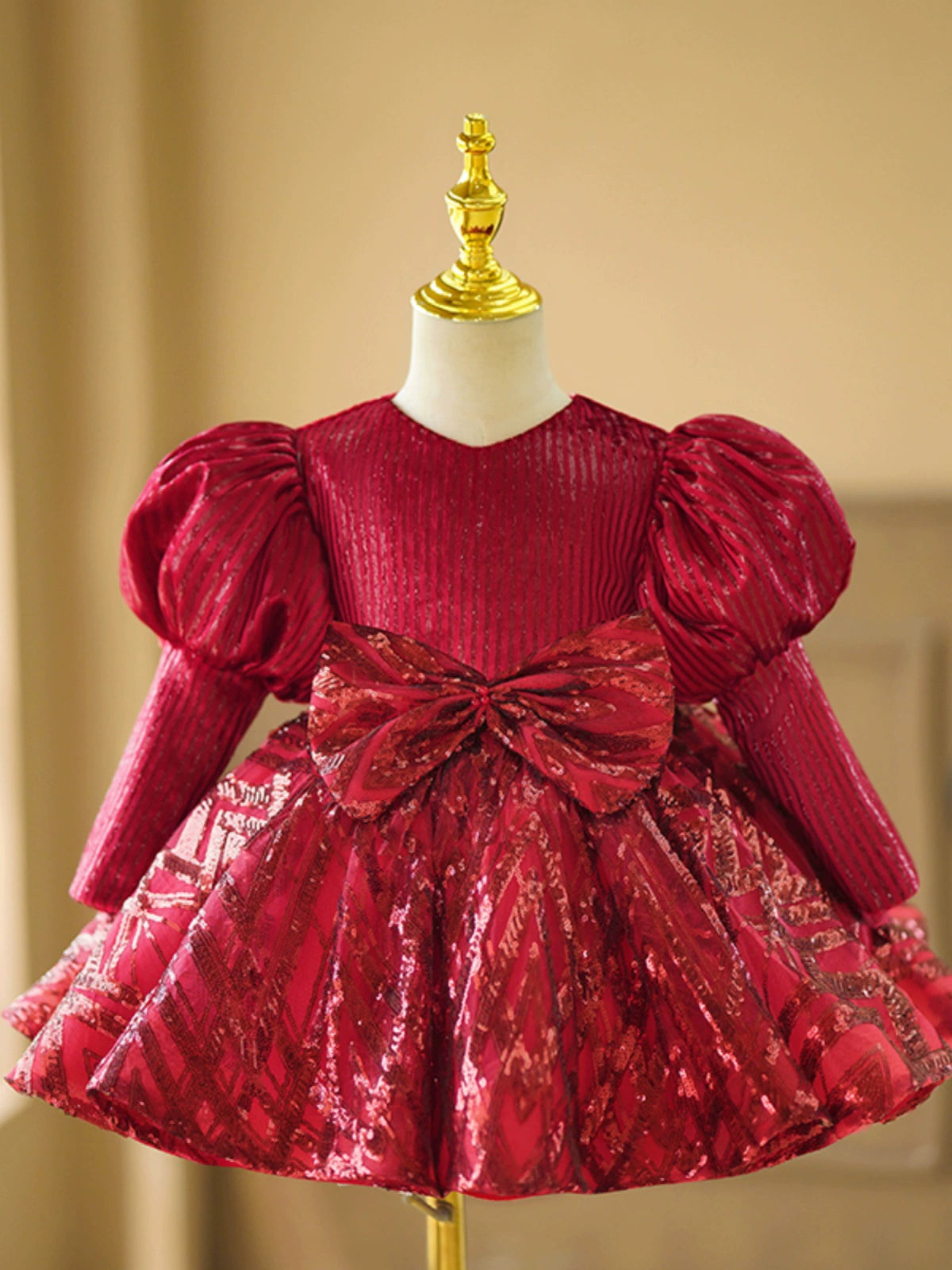 Princess Burgundy Sequined Back Zip Baptism Bow(s) Tea Length Long Sleeve Puff Sleeve Round Flower Girl Dress