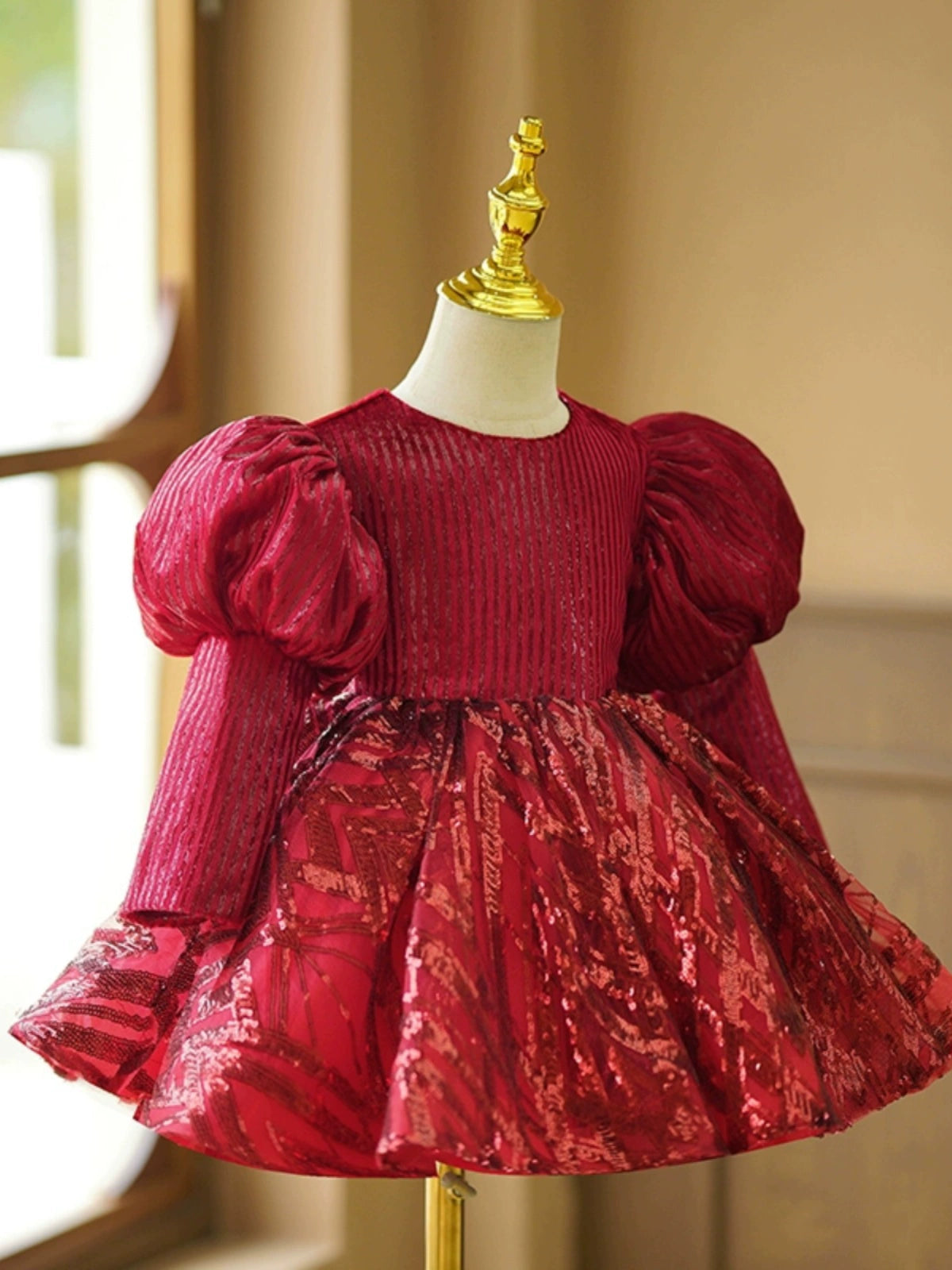 Princess Burgundy Sequined Back Zip Baptism Bow(s) Tea Length Long Sleeve Puff Sleeve Round Flower Girl Dress