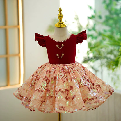 Princess Burgundy Sequined Back Zip Baptism Tea Length Short Sleeve Cap Sleeve Scoop Flower Girl Dress