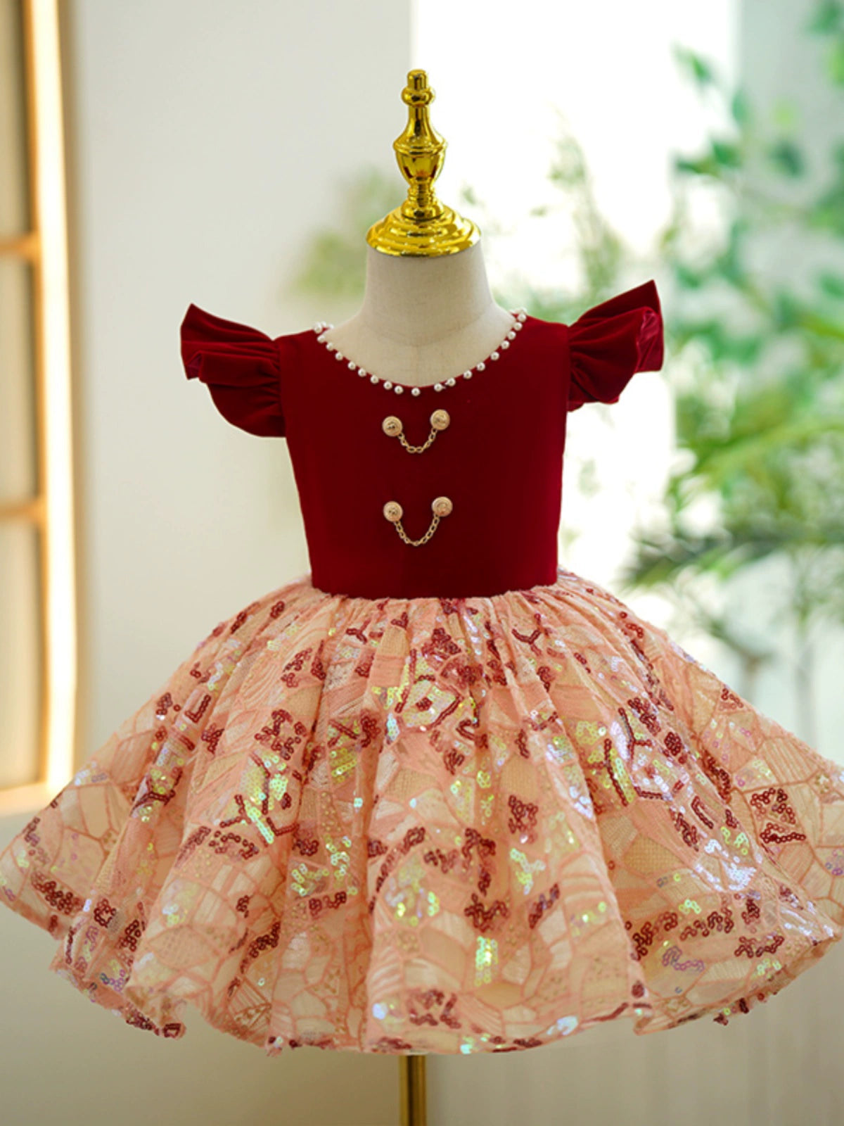 Princess Burgundy Sequined Back Zip Baptism Tea Length Short Sleeve Cap Sleeve Scoop Flower Girl Dress
