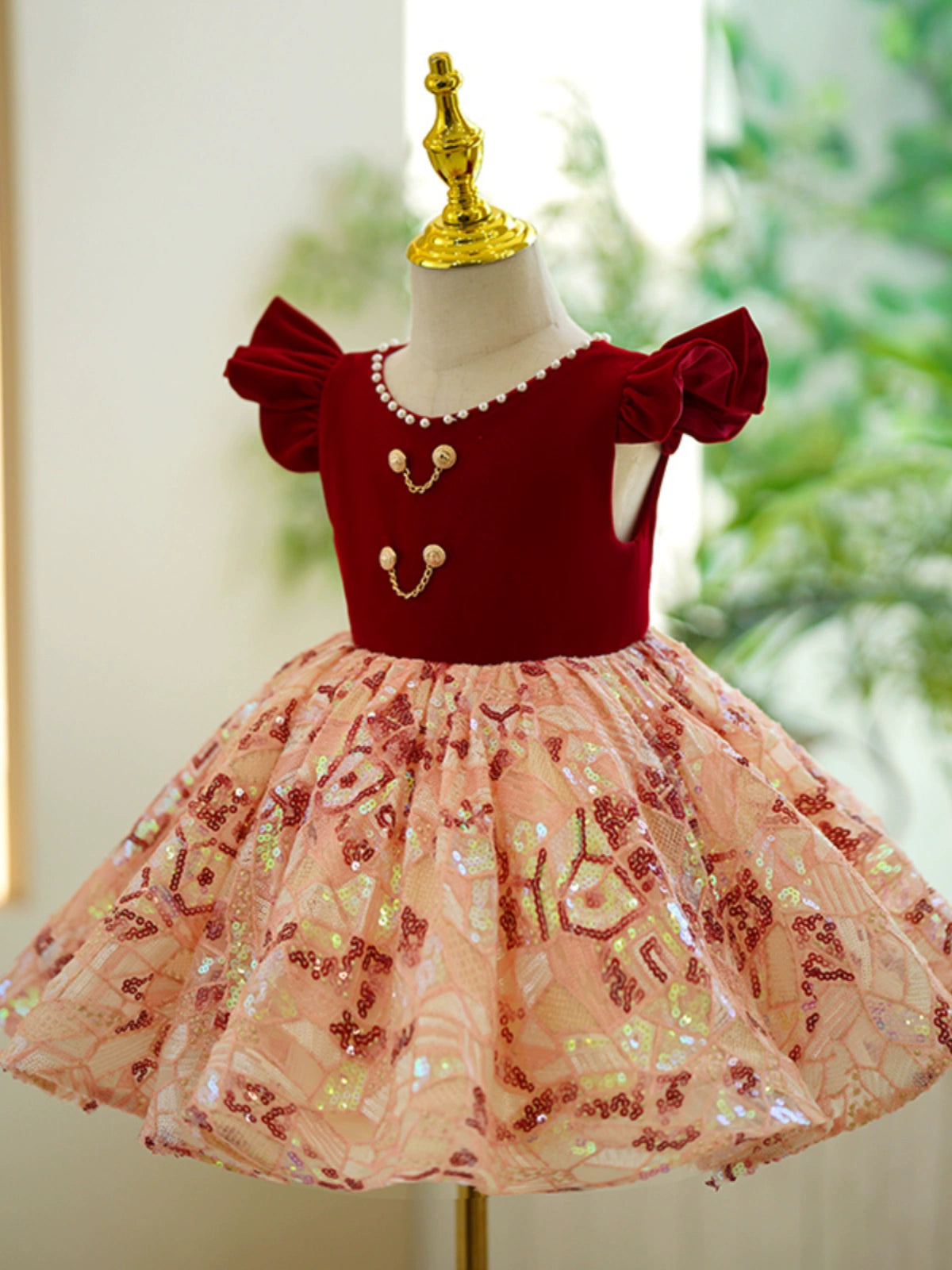 Princess Burgundy Sequined Back Zip Baptism Tea Length Short Sleeve Cap Sleeve Scoop Flower Girl Dress