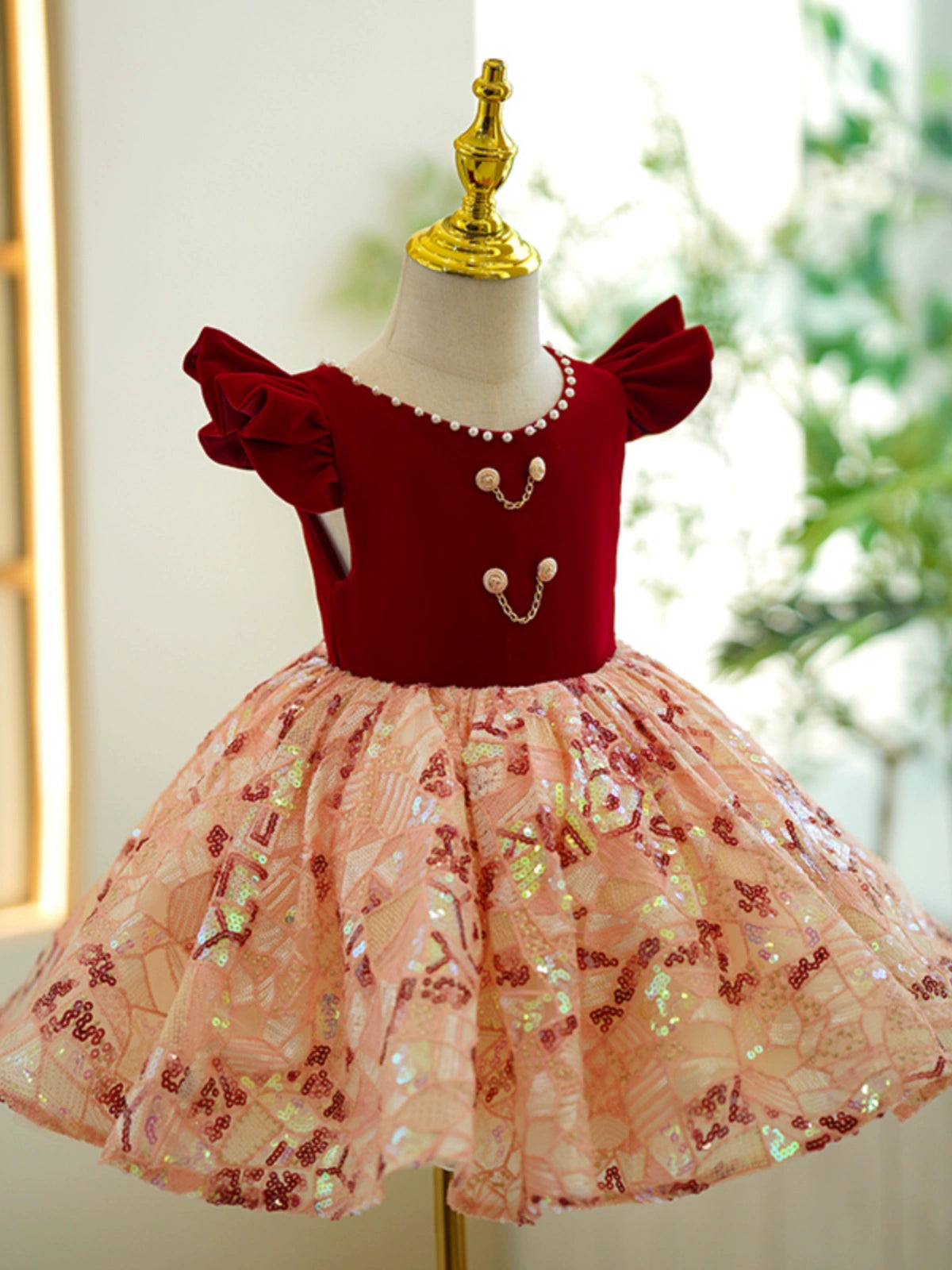 Princess Burgundy Sequined Back Zip Baptism Tea Length Short Sleeve Cap Sleeve Scoop Flower Girl Dress