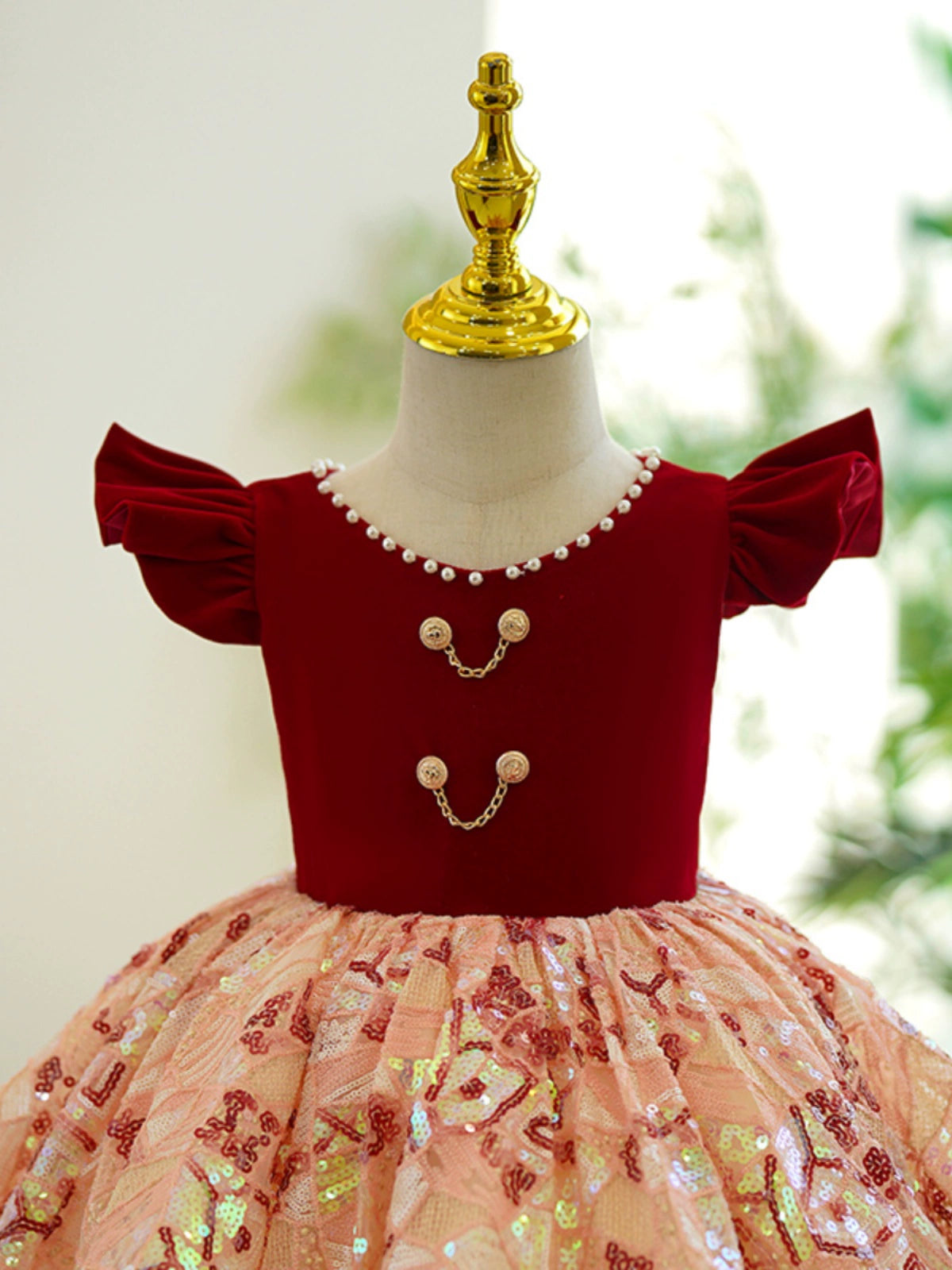 Princess Burgundy Sequined Back Zip Baptism Tea Length Short Sleeve Cap Sleeve Scoop Flower Girl Dress