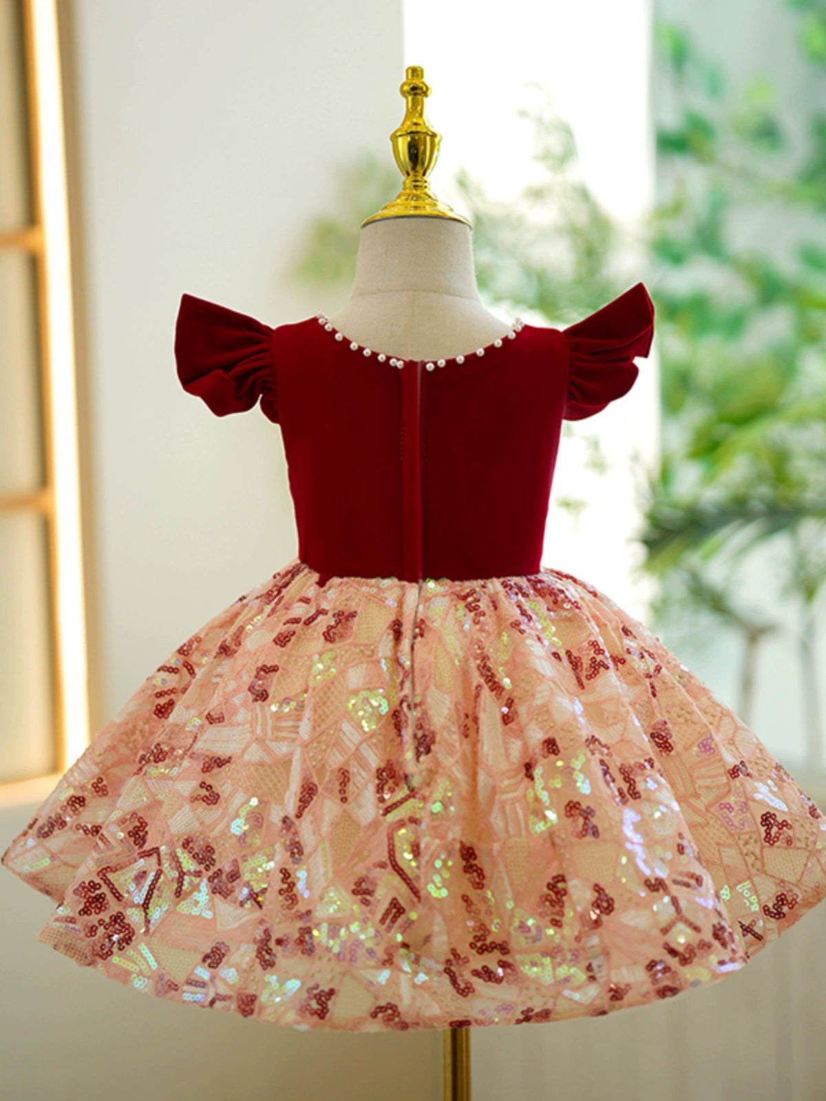 Princess Burgundy Sequined Back Zip Baptism Tea Length Short Sleeve Cap Sleeve Scoop Flower Girl Dress