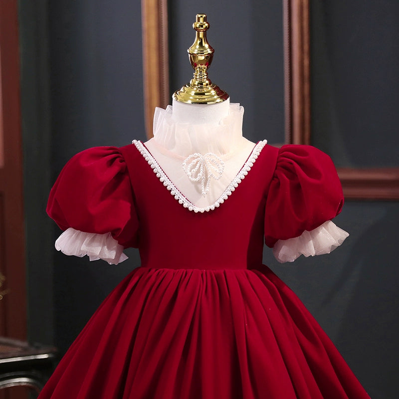 Princess Burgundy Velvet Back Zip Baptism Tea Length Short Sleeve Puff Sleeve High Neck Flower Girl Dress