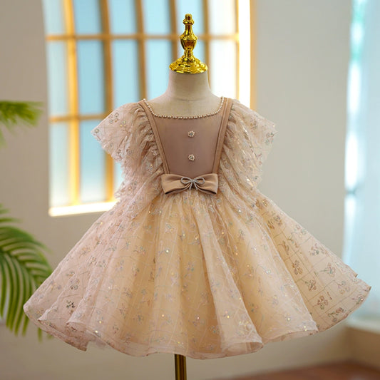 Princess Champagne Lace Back Zip Baptism Lace Tea Length Short Sleeve Flutter Sleeve Square Flower Girl Dress