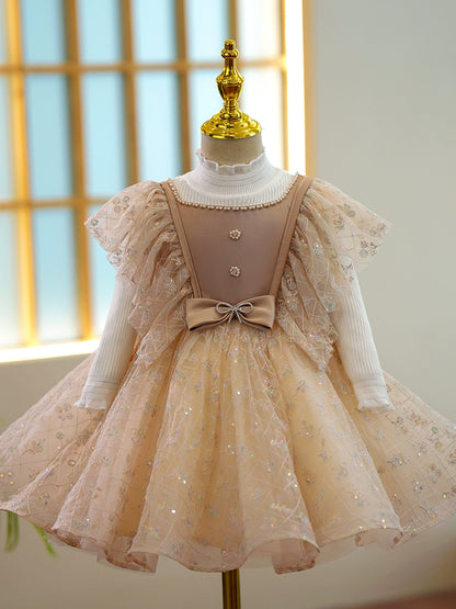 Princess Champagne Lace Back Zip Baptism Lace Tea Length Short Sleeve Flutter Sleeve Square Flower Girl Dress