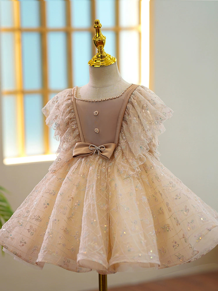 Princess Champagne Lace Back Zip Baptism Lace Tea Length Short Sleeve Flutter Sleeve Square Flower Girl Dress