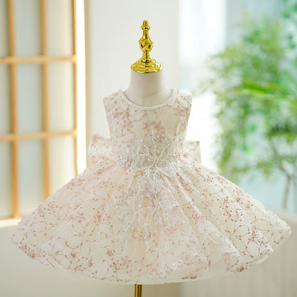 Princess Champagne Lace Back Zip Baptism Lace Tea Length Sleeveless Round Flower Girl Dress