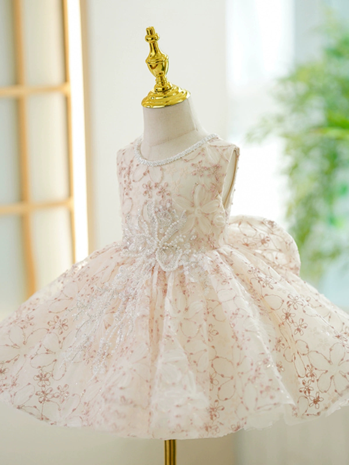 Princess Champagne Lace Back Zip Baptism Lace Tea Length Sleeveless Round Flower Girl Dress