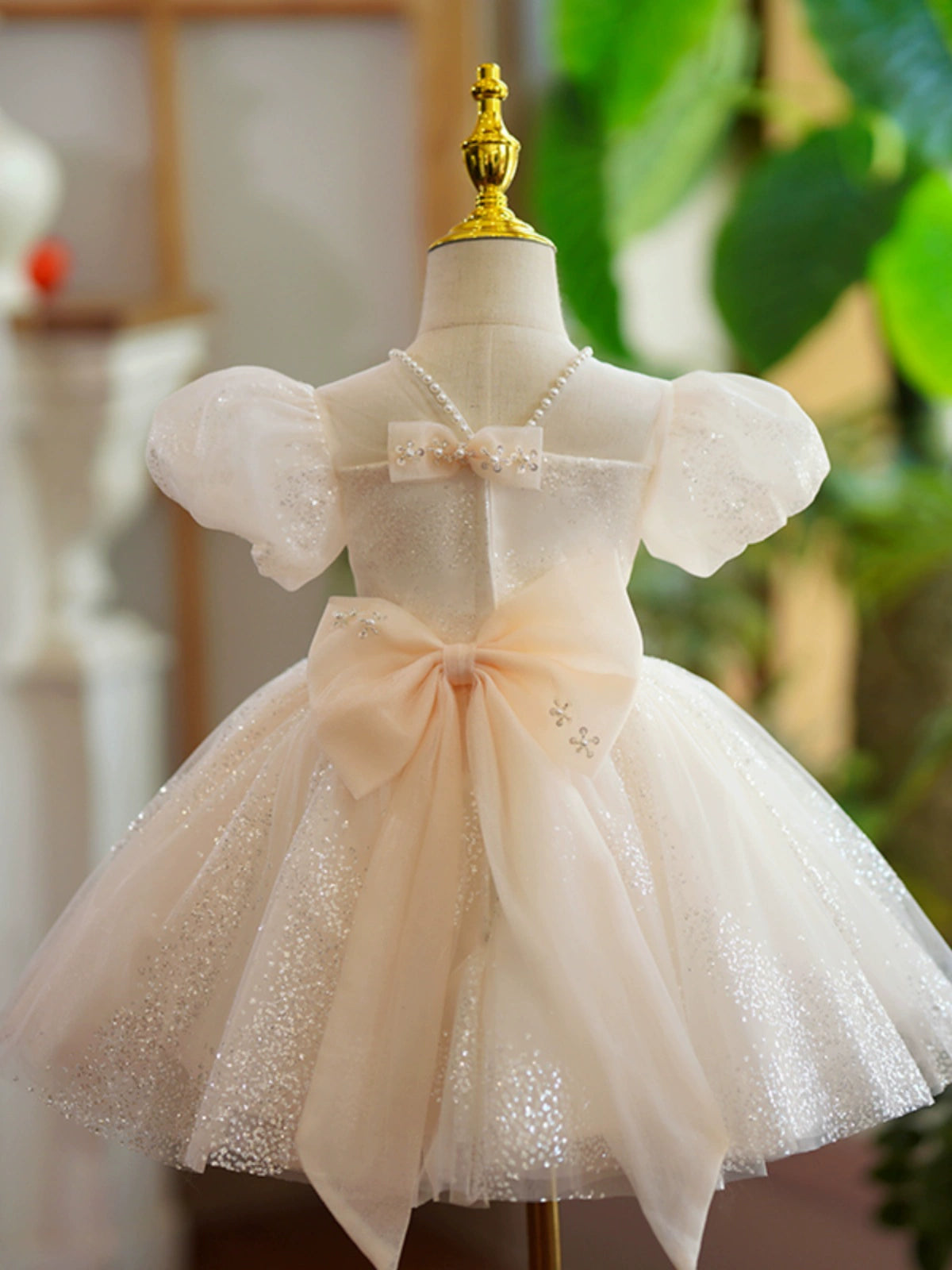 Princess Champagne Organza Back Zip Baptism Beaded Tea Length Short Sleeve Puff Sleeve Jewel Neck Flower Girl Dress