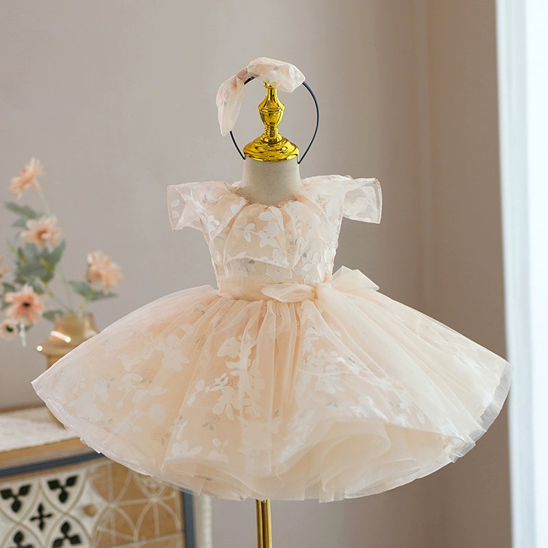 Princess Champagne Organza Back Zip Baptism Flower(s) Tea Length Sleeveless Round Flower Girl Dress