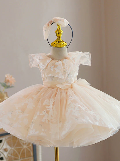 Princess Champagne Organza Back Zip Baptism Flower(s) Tea Length Sleeveless Round Flower Girl Dress
