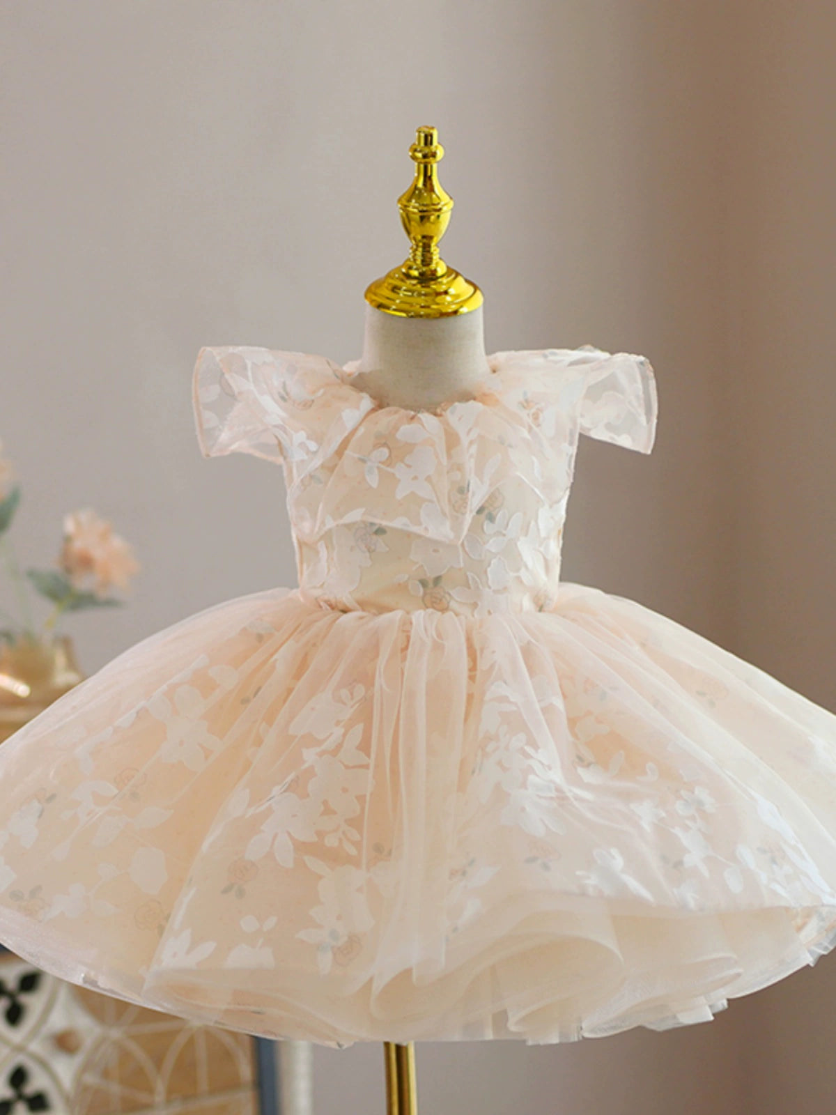 Princess Champagne Organza Back Zip Baptism Flower(s) Tea Length Sleeveless Round Flower Girl Dress