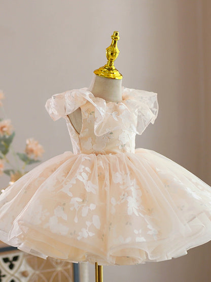 Princess Champagne Organza Back Zip Baptism Flower(s) Tea Length Sleeveless Round Flower Girl Dress