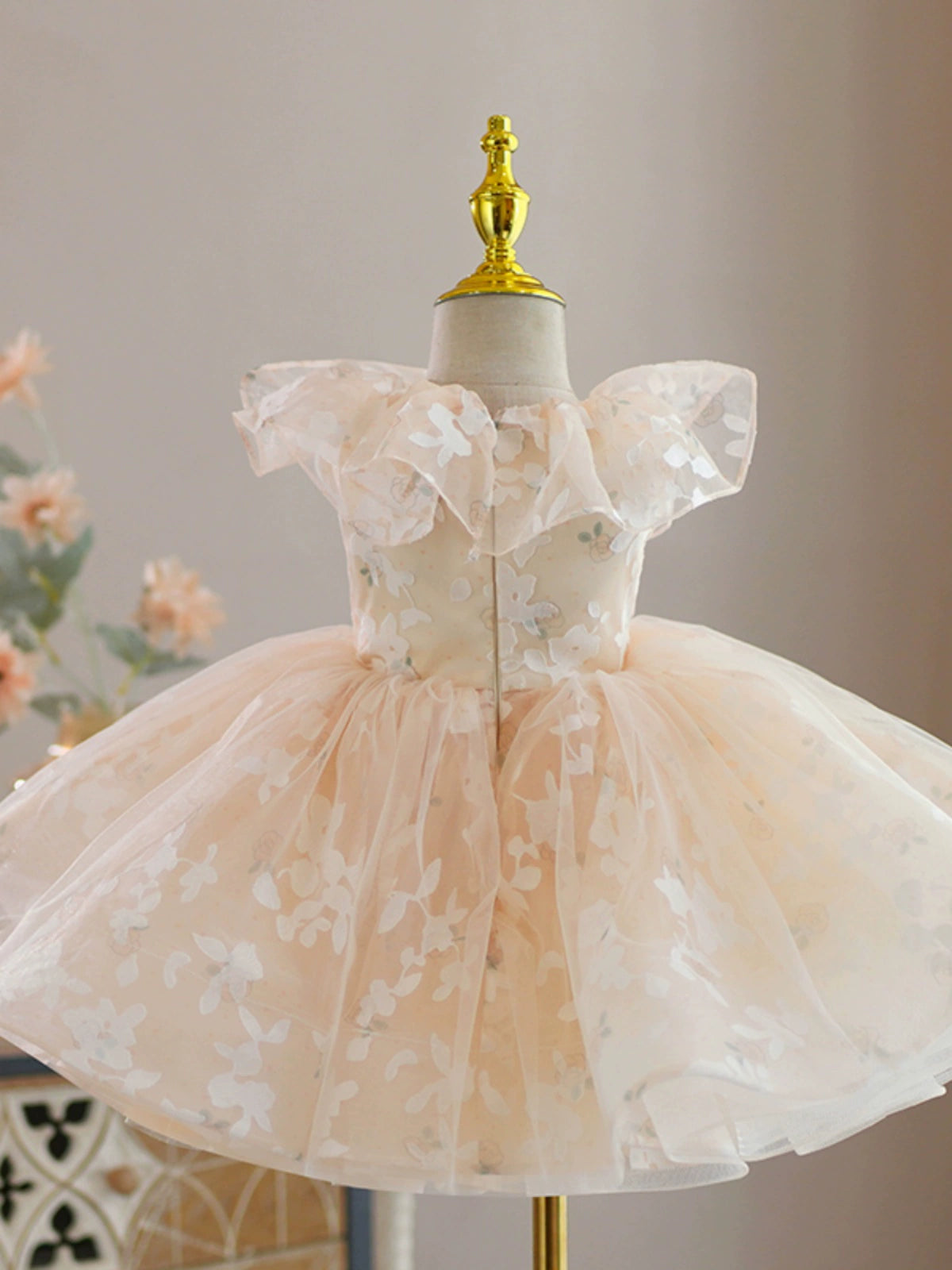 Princess Champagne Organza Back Zip Baptism Flower(s) Tea Length Sleeveless Round Flower Girl Dress