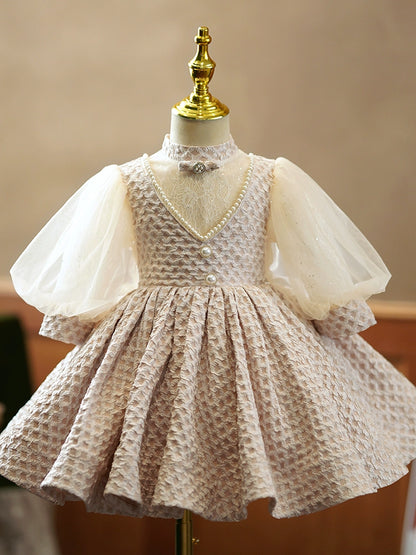 Princess Champagne Satin Back Zip Baptism Beaded Tea Length Long Sleeve Puff Sleeve Mock Neck Flower Girl Dress