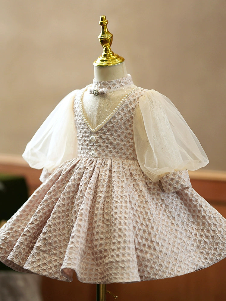 Princess Champagne Satin Back Zip Baptism Beaded Tea Length Long Sleeve Puff Sleeve Mock Neck Flower Girl Dress