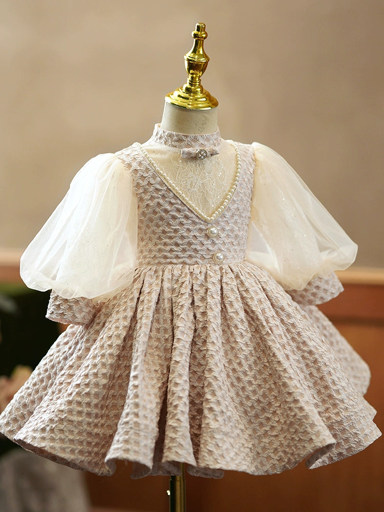 Princess Champagne Satin Back Zip Baptism Beaded Tea Length Long Sleeve Puff Sleeve Mock Neck Flower Girl Dress