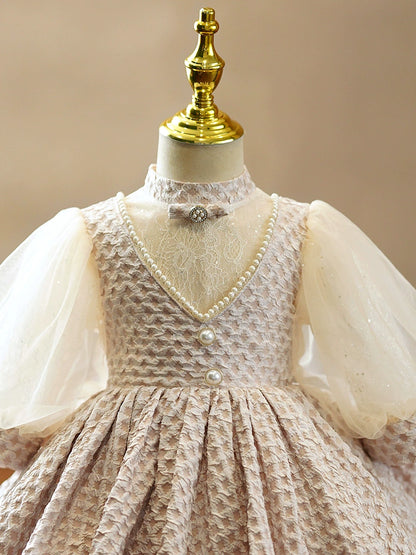 Princess Champagne Satin Back Zip Baptism Beaded Tea Length Long Sleeve Puff Sleeve Mock Neck Flower Girl Dress