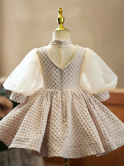 Princess Champagne Satin Back Zip Baptism Beaded Tea Length Long Sleeve Puff Sleeve Mock Neck Flower Girl Dress